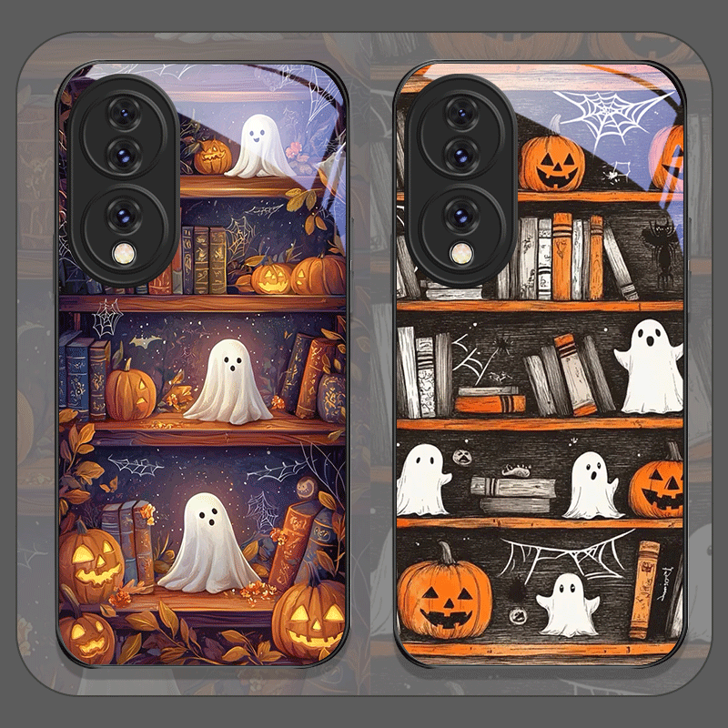 Phone Cases Honor - ハロウィン パンプキン ゴースト 本棚 強化ガラス製スマホケース Huawei