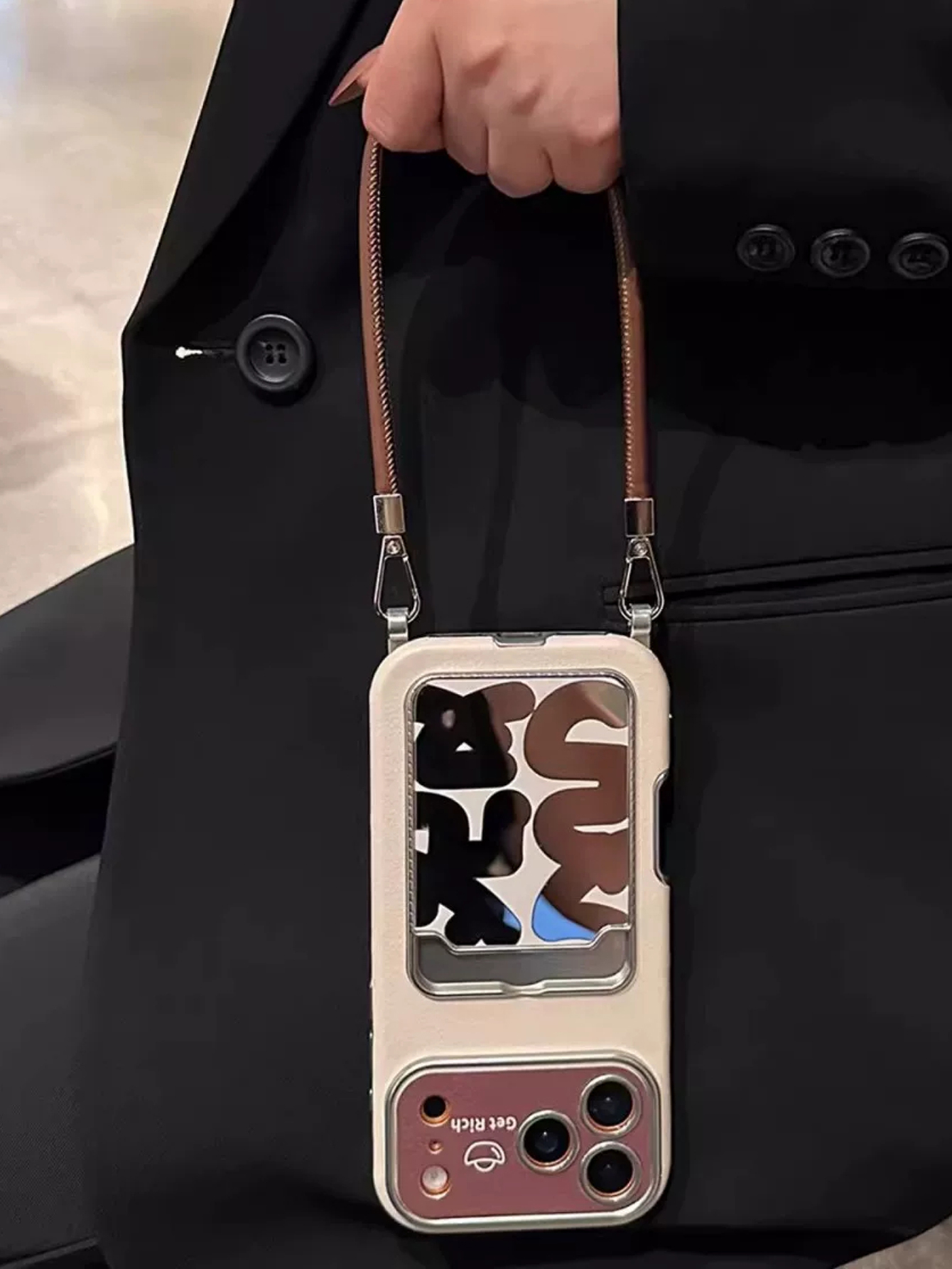 Phone Cases With Loop - 高級レザーミラーカードホルダー付きリストストラップ付きiPhone17 16 15 14 13 12