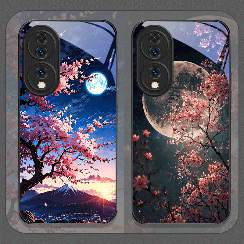 Phone Cases Honor - レトロな風景と月と桜のデザインの強化ガラス製スマホケース Huawei Honor 400 200 Lite