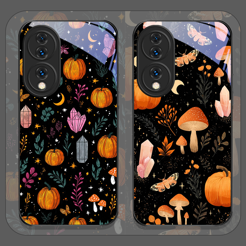 Phone Cases Honor - クリエイティブなデザインの、カボチャ、クリスタル、きのこ、花をモチーフにした、強化ガラス製のスマートフォンケース。Huawei Honor 400、600、200 Lite、100Pro、Magic8、7、6 PROに対応。