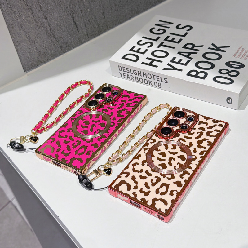 Phone Cases With Loop - 新しいレオパード柄のマグネット式MagSafe対応スマホケース、リストストラップ付き、Samsung Galaxy S26 S24 S23 S25