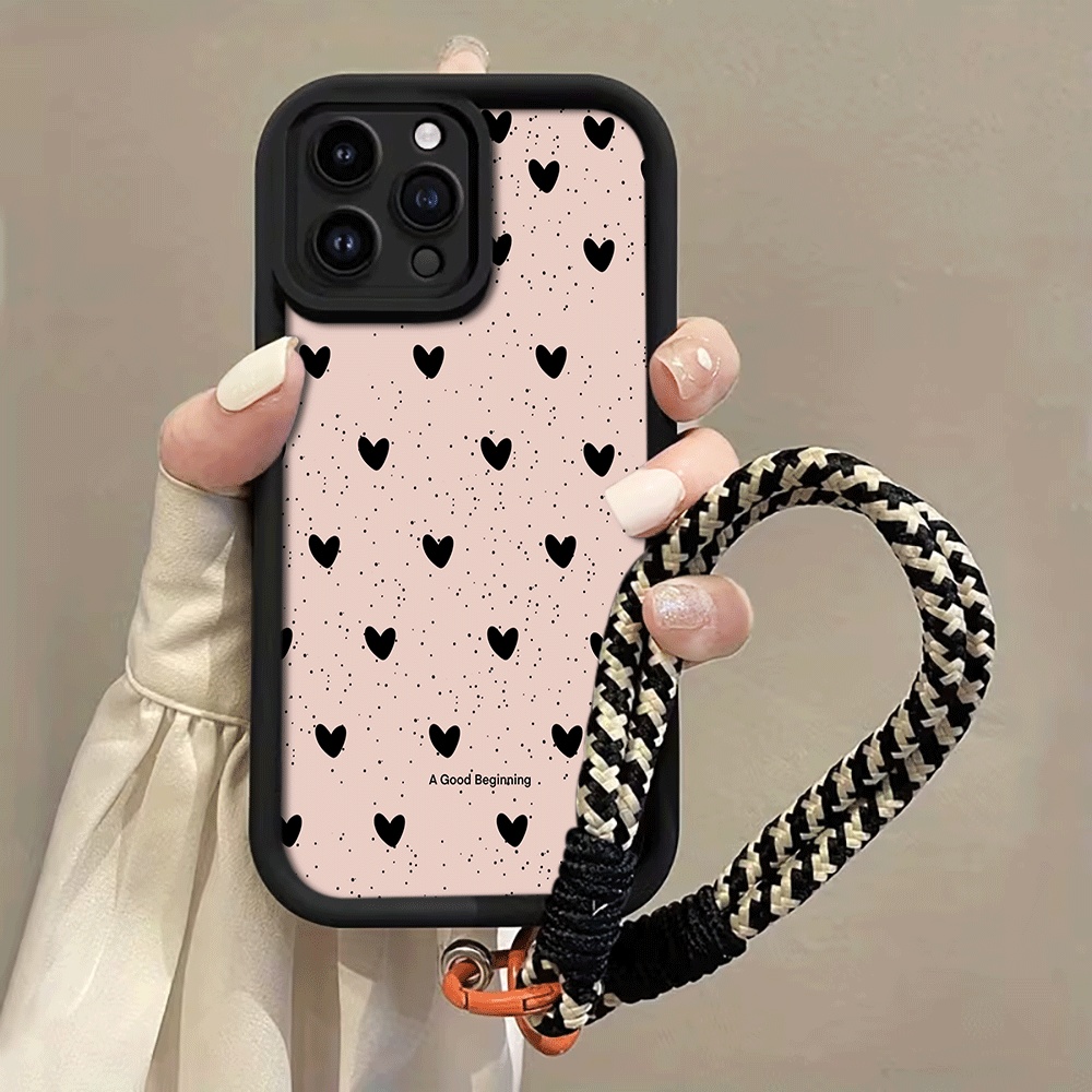 Phone Cases With Loop - インクが飛び散った黒いハート柄のハングストラップ付きスマホケース、Samsung Galaxy Note 20、S24、S25、S26 Plus、S24、S23 FE、S23、S24、S25
