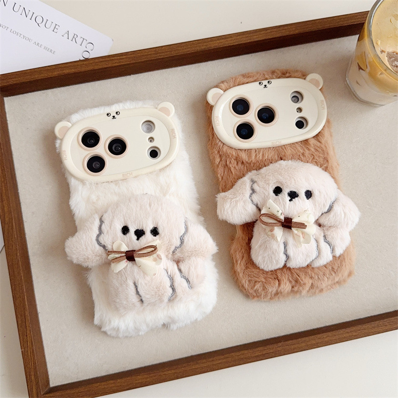 3D漫画風リボン付き子犬のふわふわぬいぐるみスマホケース i - Phone Cases For Iphone 15 のレビューと価格