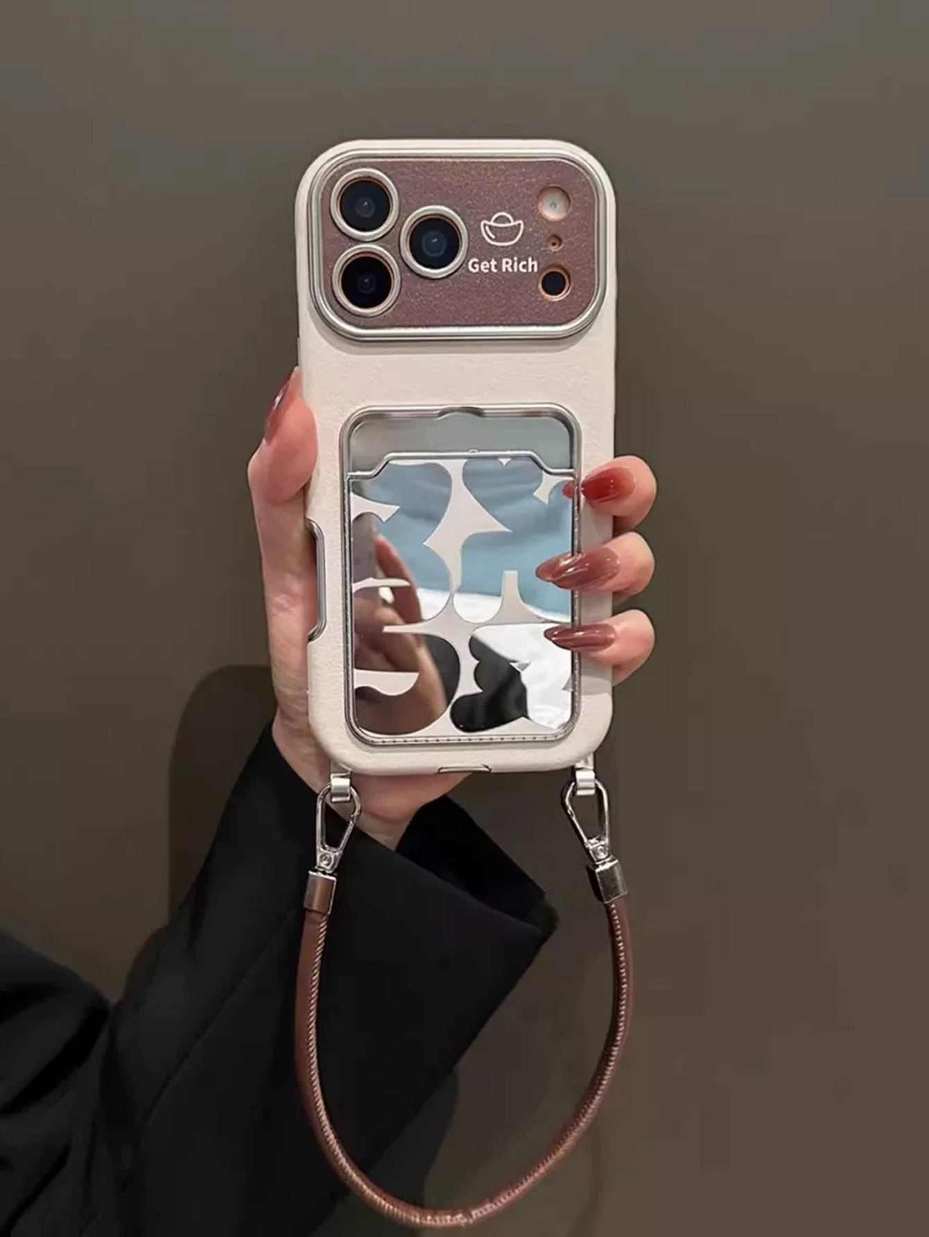 高級レザーミラーカードホルダー付きリストストラップ付きiPh - Phone Cases With Loop のレビューと価格